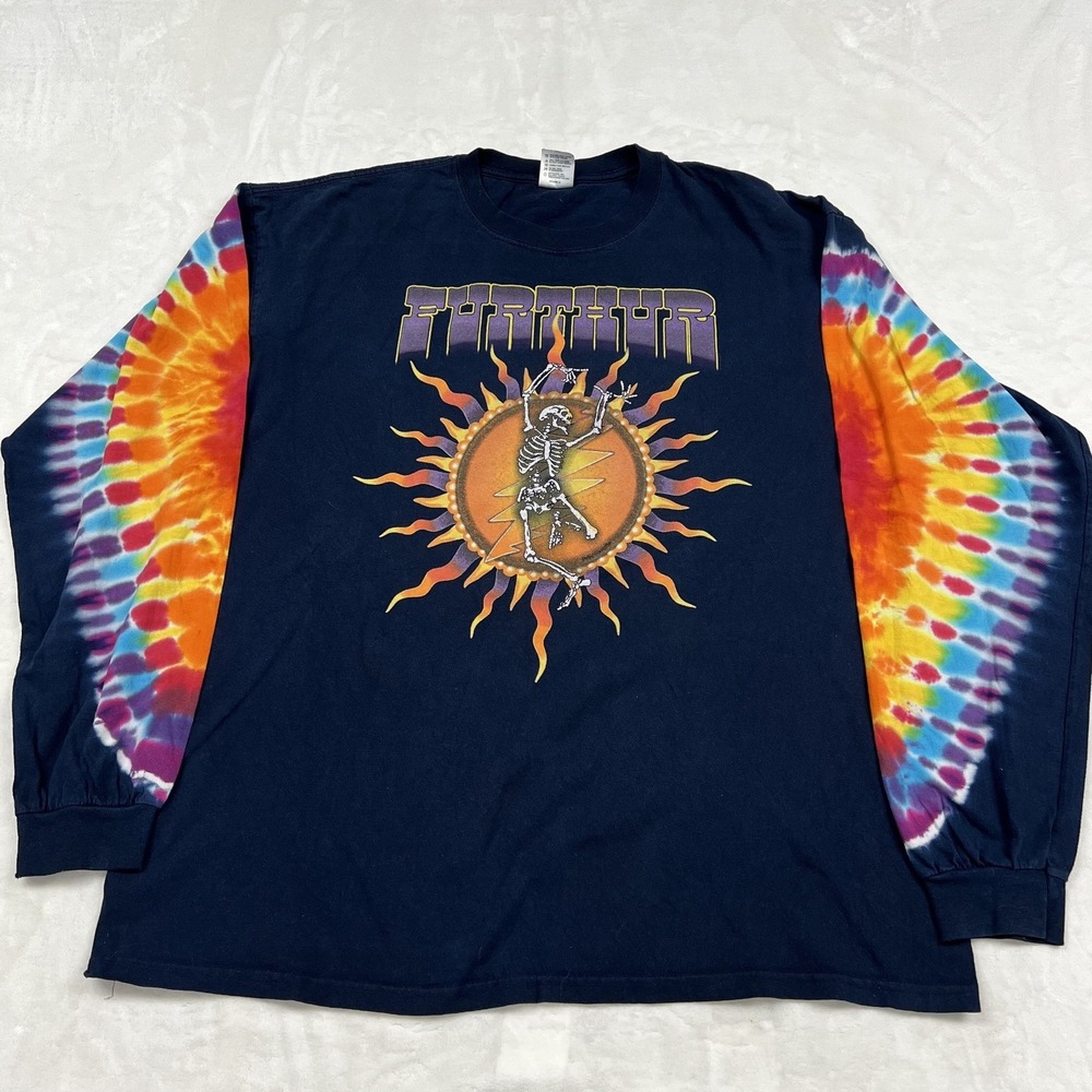 Furthur Long Sleeve Shirt Mens XL Navy Tie Dye Skeleton Sun Graphic Concert Tee